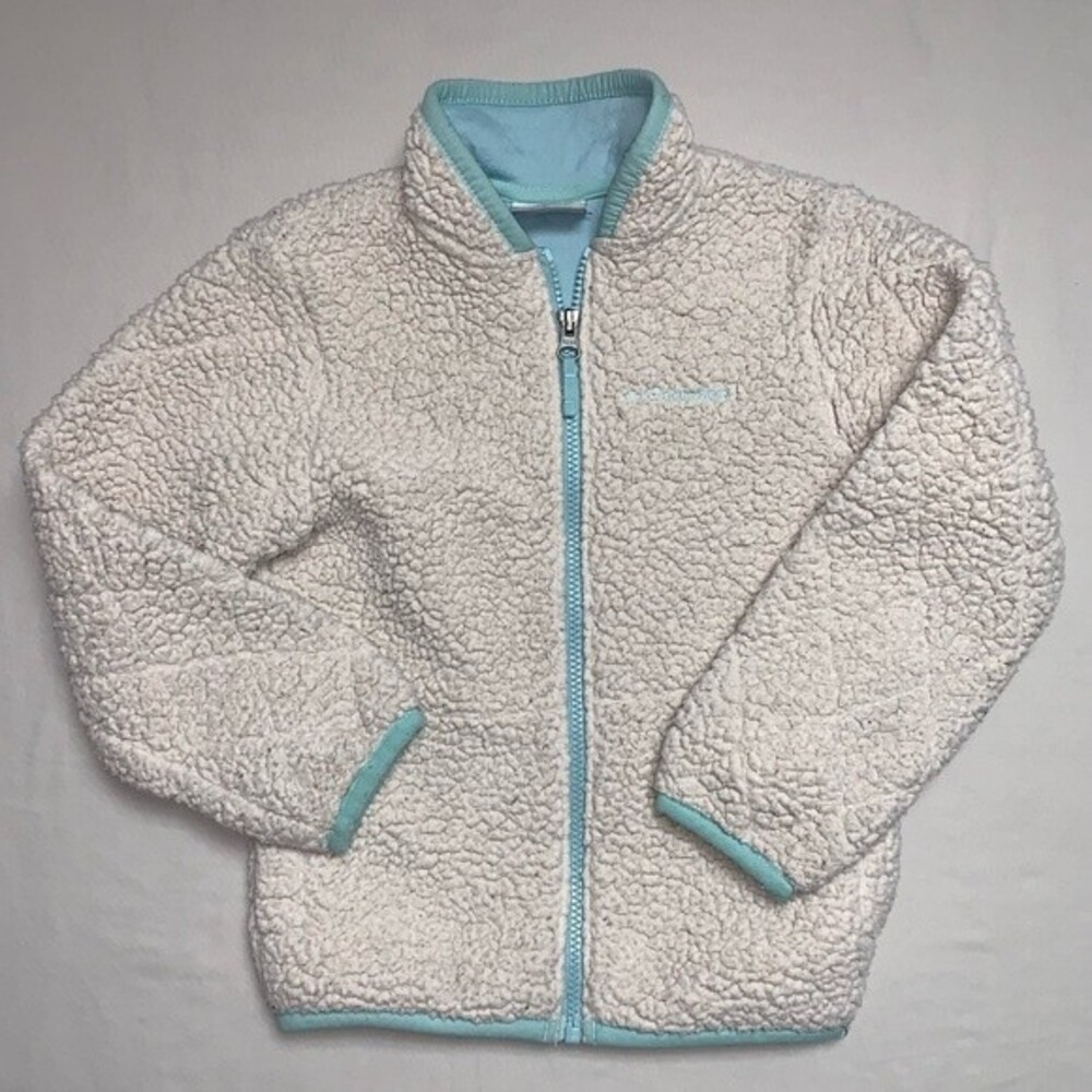 Columbia Sherpa Girl’s 4-5 Off White Light Blue Full Zip Fleece Jacket Spring